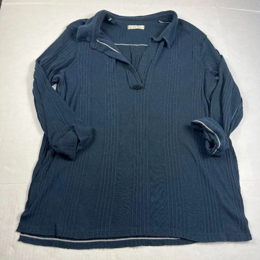 We The Free People Annie Ribbed Collar Top Blue 3/4 Sleeve Casual Relax Tunic L